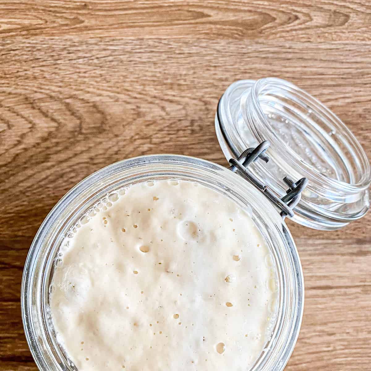 sourdough starter in a jar, active and bubbly for baking bread