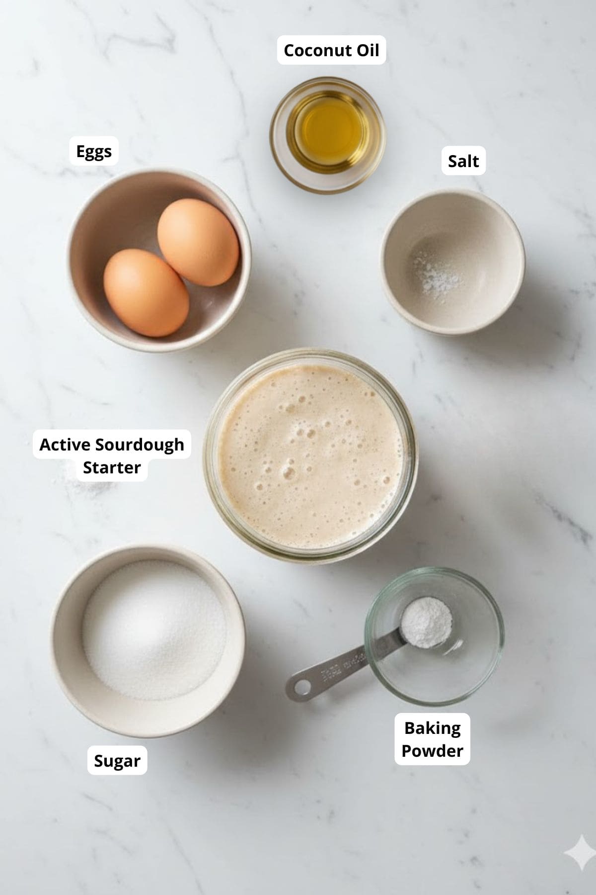 Ingredients for sourdough crispy waffles without milk arranged on a countertop.