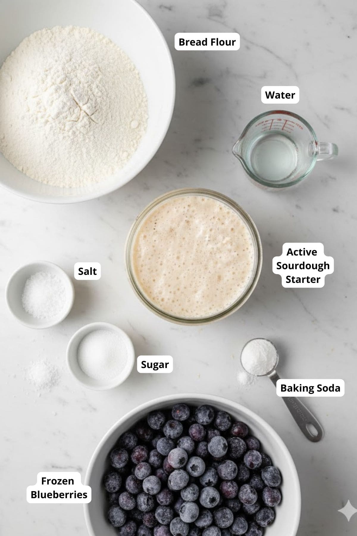 Ingredients for making sourdough blueberry bagels with frozen blueberries arranged neatly in surface.