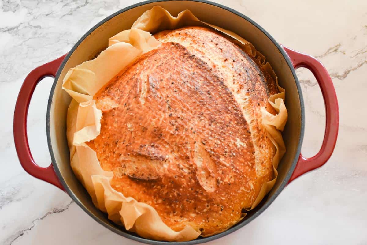 Sourdough bread, just baked in a dutch oven.