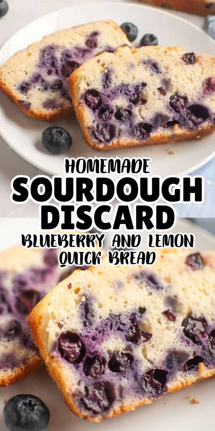 Sourdough discard blueberry lemon quick bread slices on a white plate.