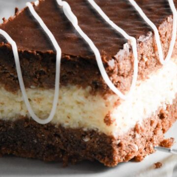 Sourdough coconut and chocolate cake square on a white plate.