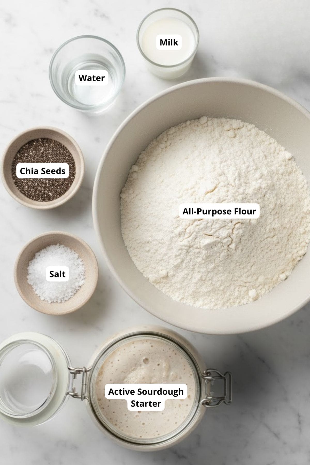 Ingredients for chia seed sourdough bread arranged on a countertop.