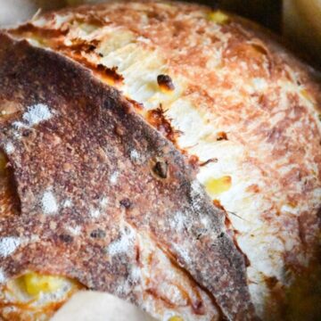 Top part of the crust of sourdough bread with the addition of potato chunks.