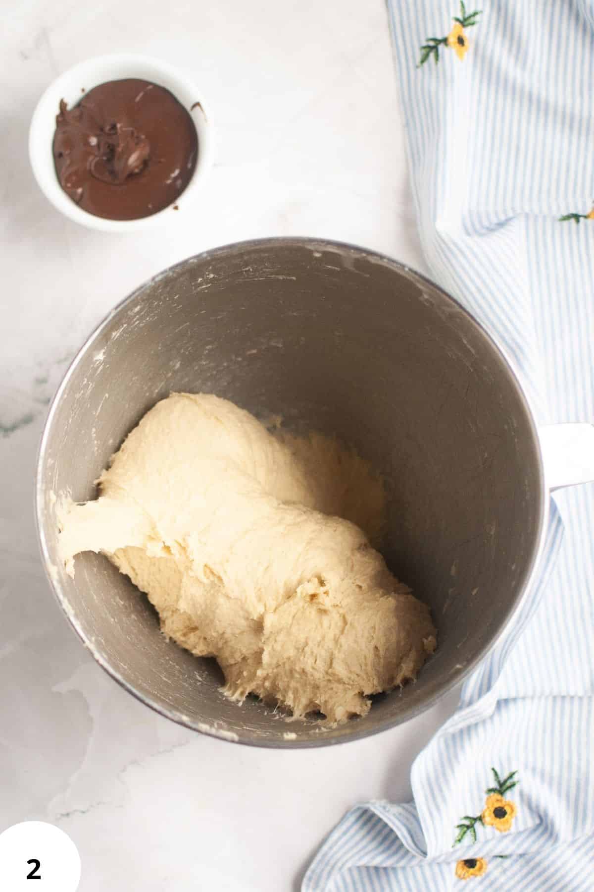 Dough during stretch and fold process for sourdough bread.