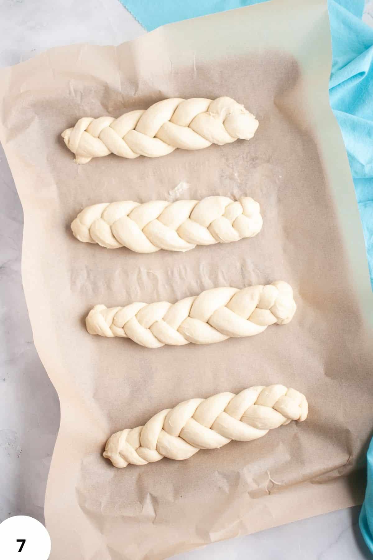 Braided dough for bread, ready for proofing or baking.