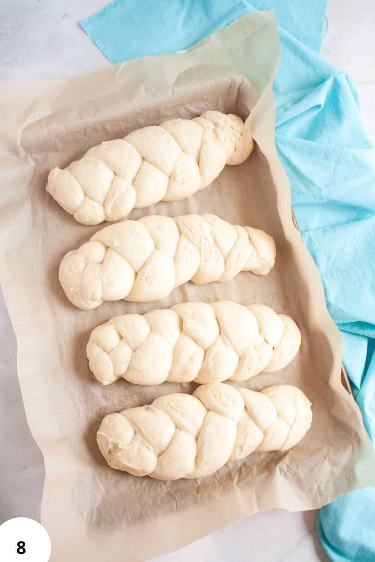 Dough for stretch and fold bread baking process on parchment paper.