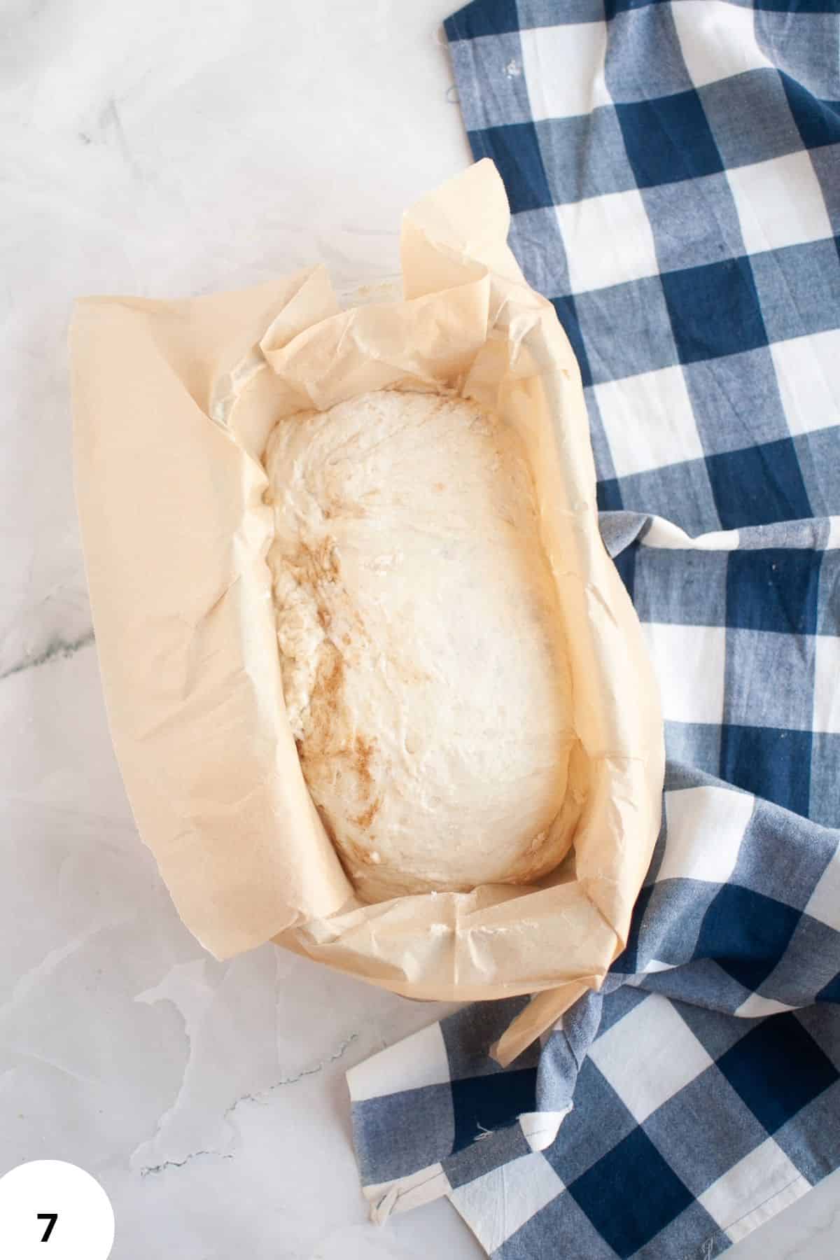 Bread dough in parchment paper for proofing and shaping.