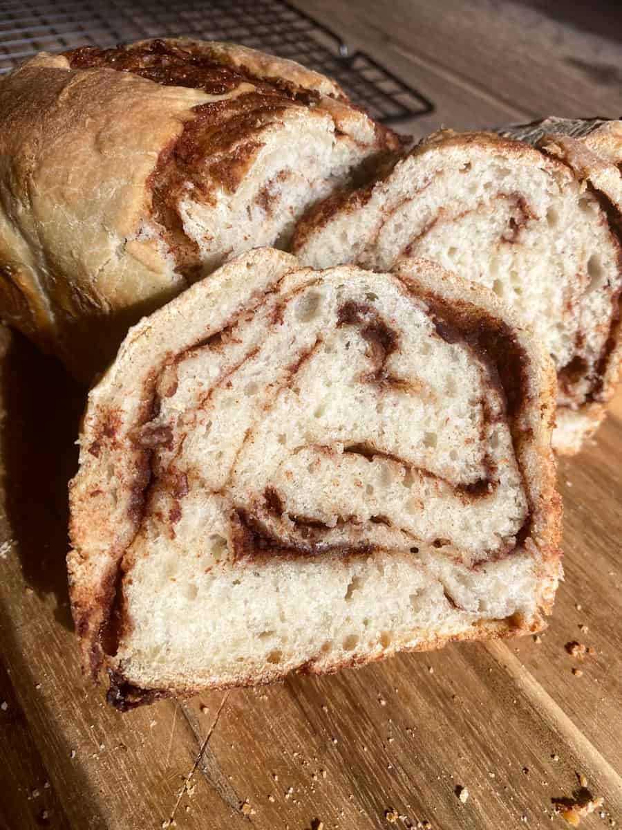 Freshly baked sourdough bread with cinnamon and brown sugar swirl.