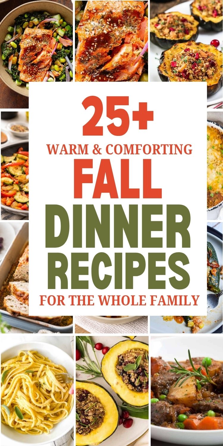 Collection of healthy fall dinner dishes including pasta, roasted vegetables, and stuffed squash.
