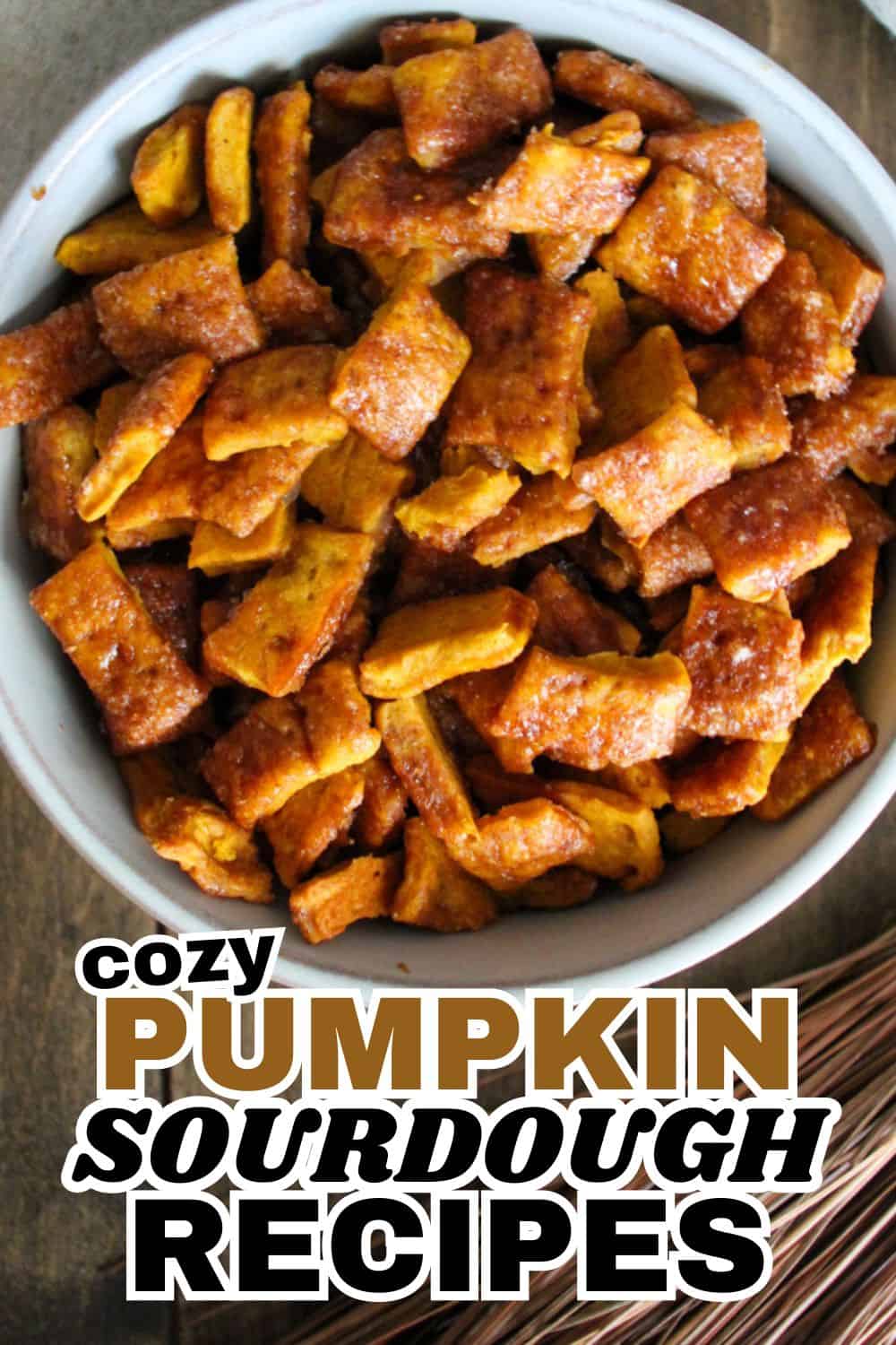 Close-up of crispy pumpkin sourdough bites in a bowl.