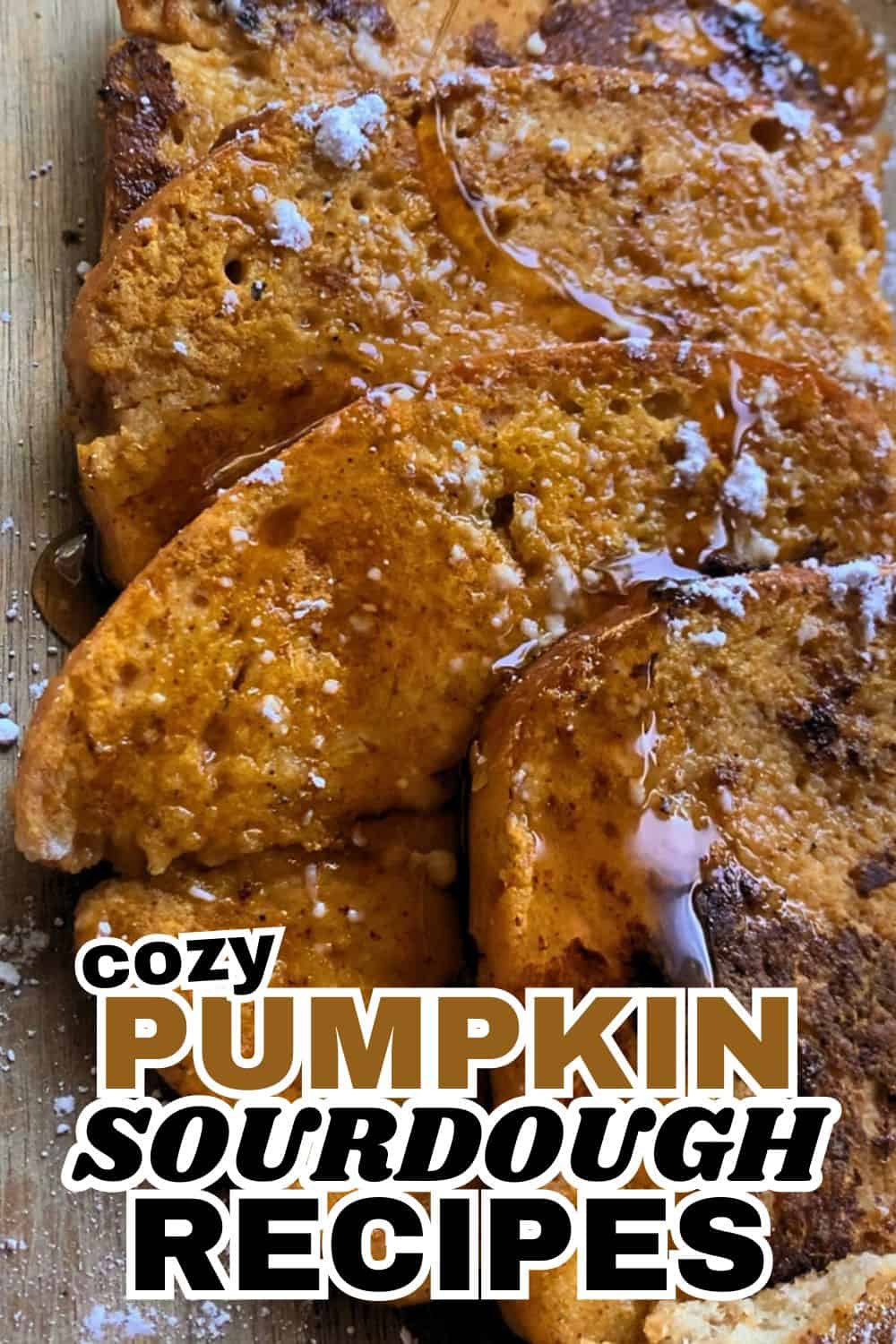 Pumpkin sourdough bread slices with glaze and powdered sugar.