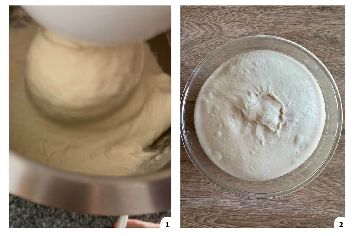 Dough being mixed in a stand mixer, followed by a smooth dough resting in a lightly greased bowl.