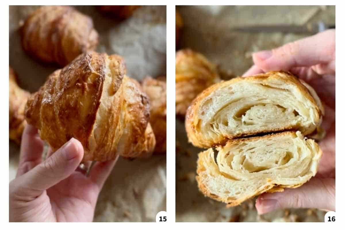 A person holding a single croissant and breaking it open to reveal the flaky, layered interior.
