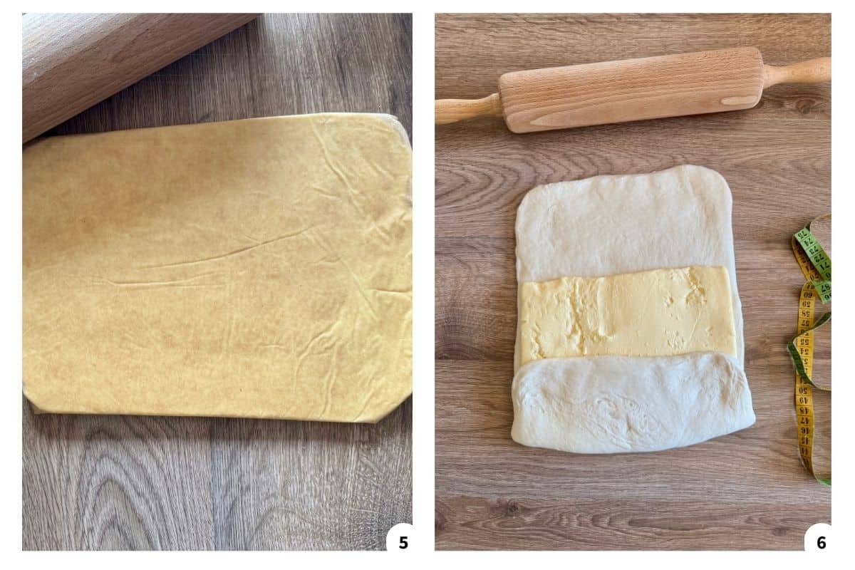 Flattened dough on parchment paper, then flattened dough with a slab of butter placed in the center.