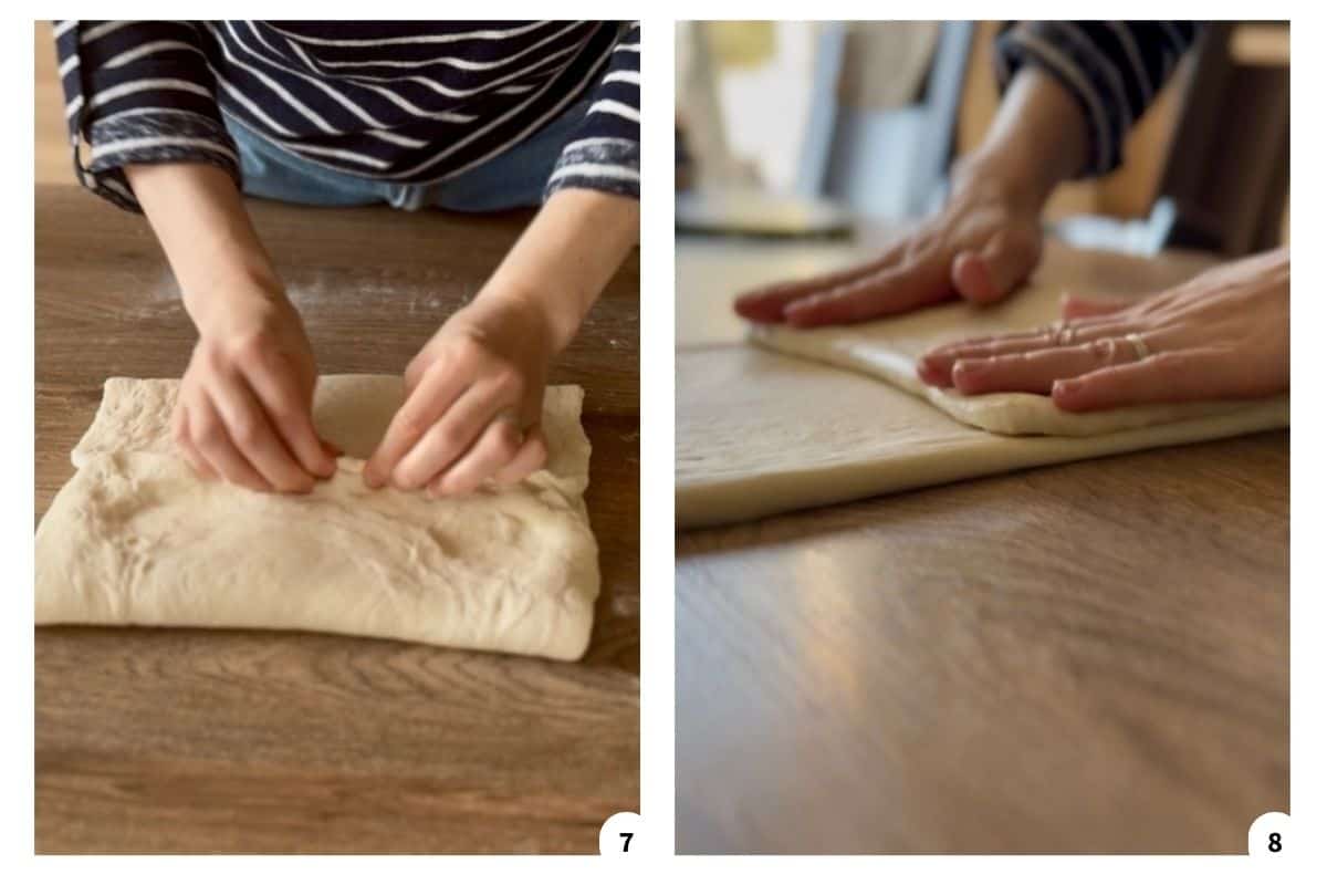A person pinches the edges to seal and fold the dough over the butter.