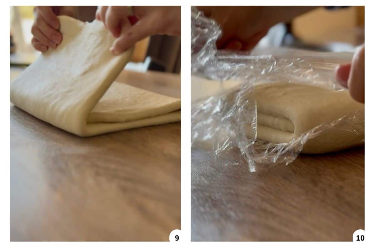A person folding the dough and wrapping it in plastic wrap to chill.