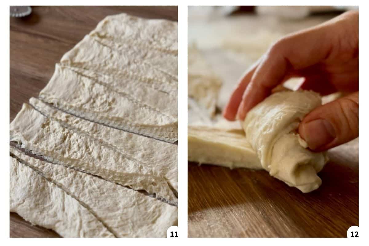 Dough cut into triangle shapes, with a person rolling each piece from base to tip.