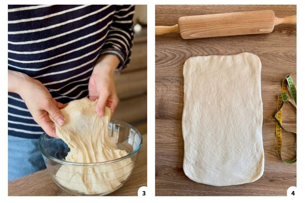 A person performing a stretch and fold on the dough, followed by rolling the dough flat on a surface with a rolling pin.