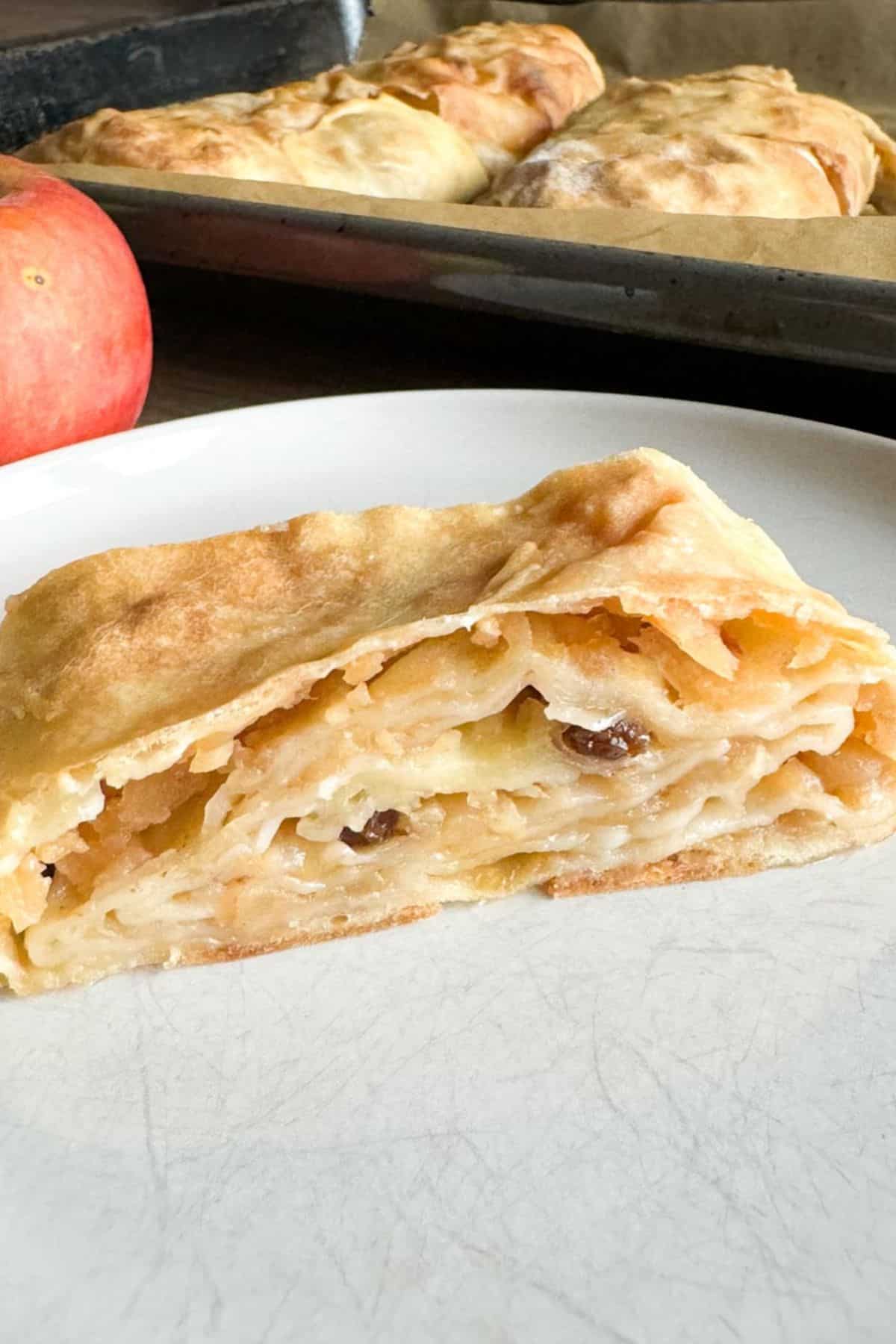 Apple strudel slice on a plate.