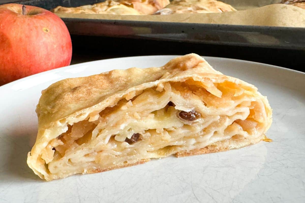 Apple strudel slice on a plate.