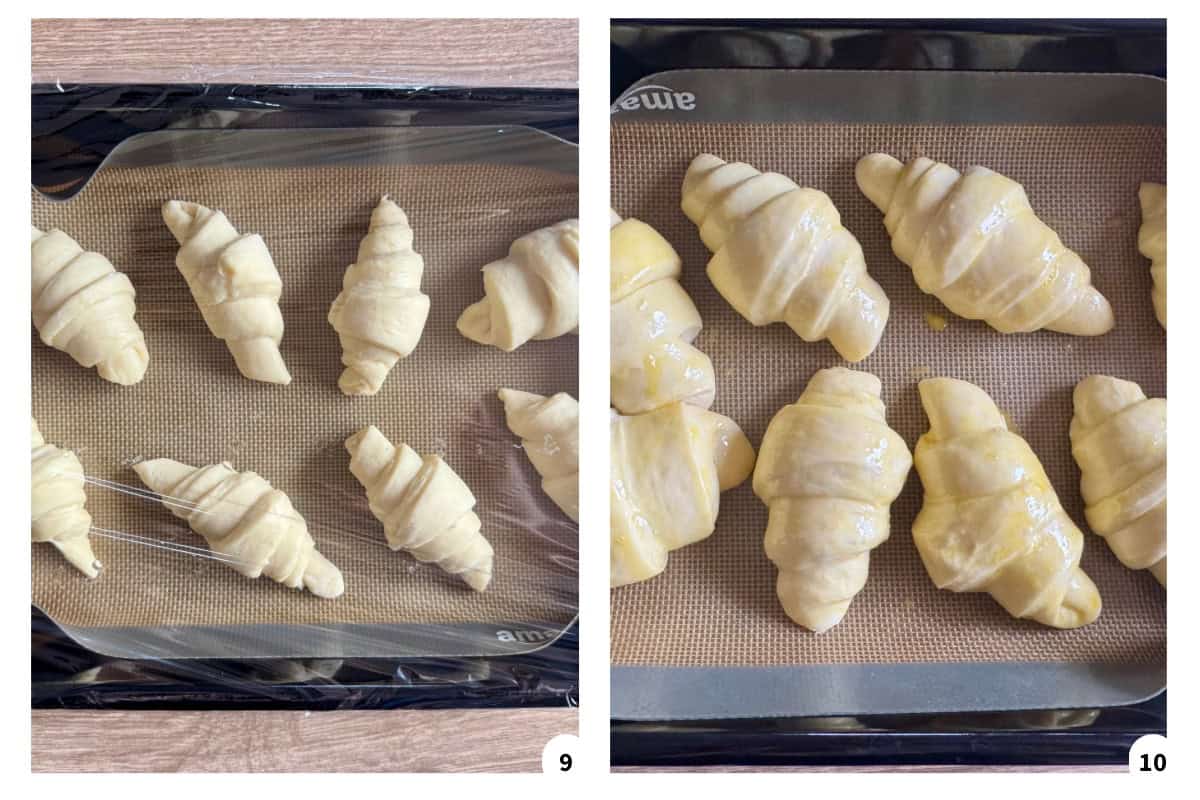 Crescent rolls on a tray being covered with plastic wrap while one is brushed with egg wash before baking.