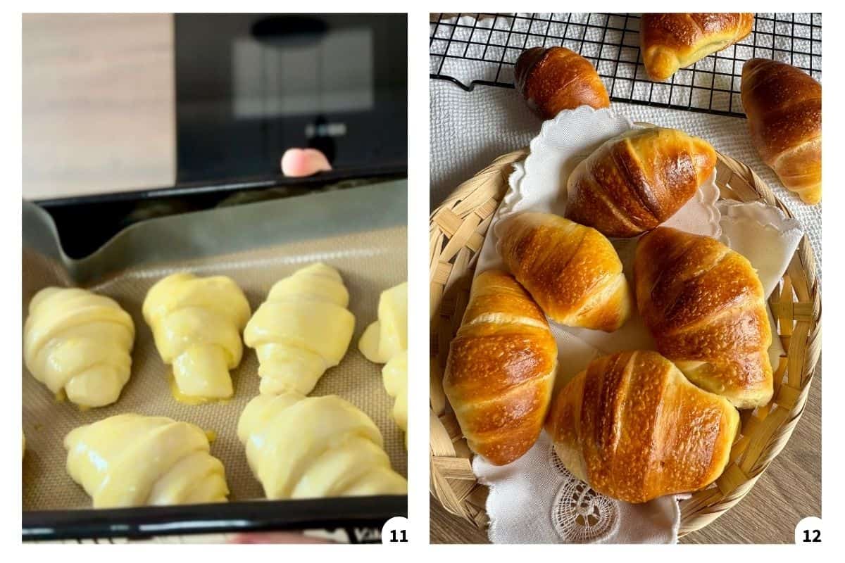 Unbaked crescent rolls being placed in the oven, with freshly baked golden rolls shown afterward.