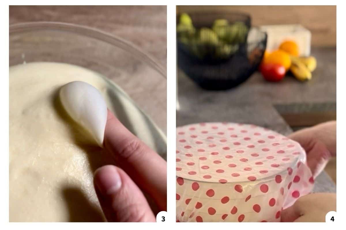 A finger with dough mixture on it for testing, next to a bowl of dough being covered.