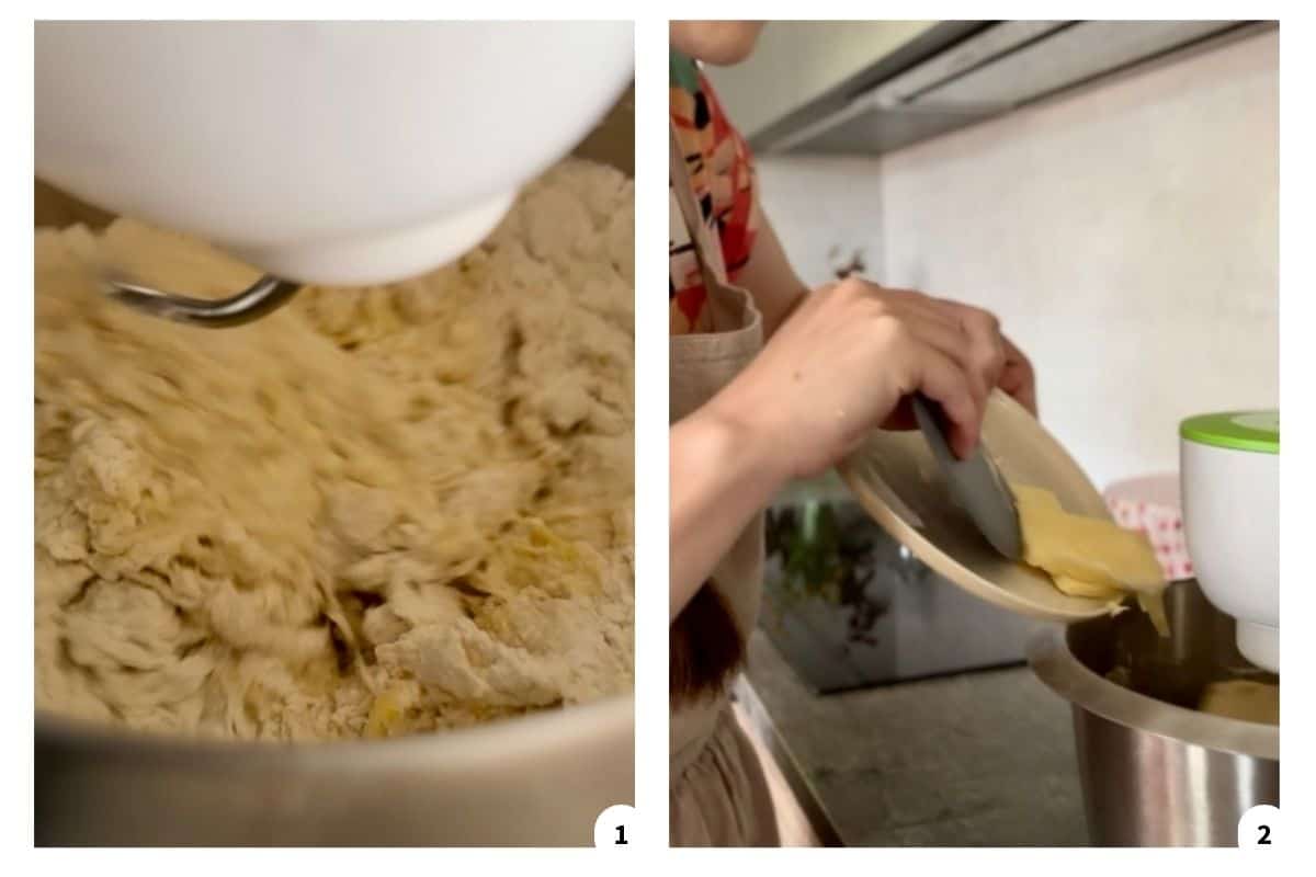 Dough being mixed in a stand mixer while a woman pours butter into the bowl.