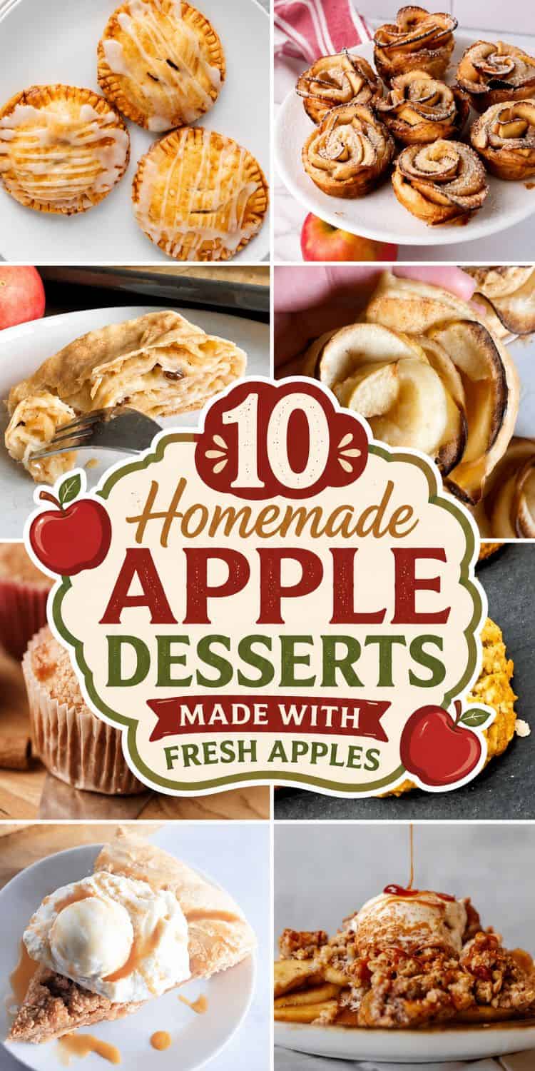 Delicious homemade apple desserts including pies, tarts, and cinnamon rolls.