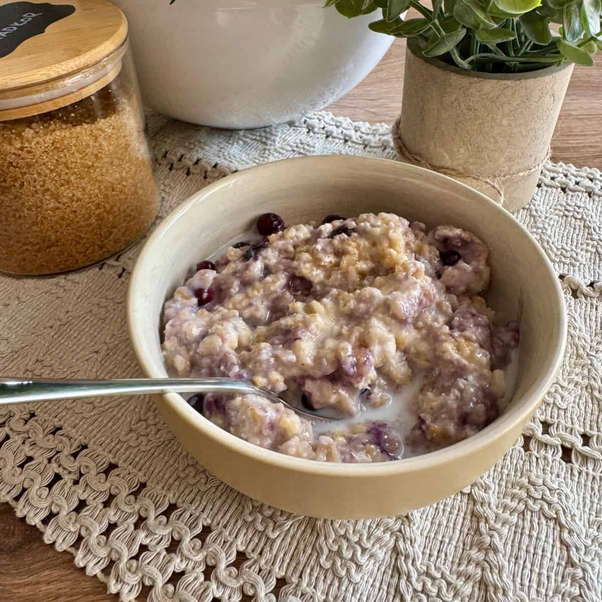 Oatmeal served in a bowl with a spoon resting inside.