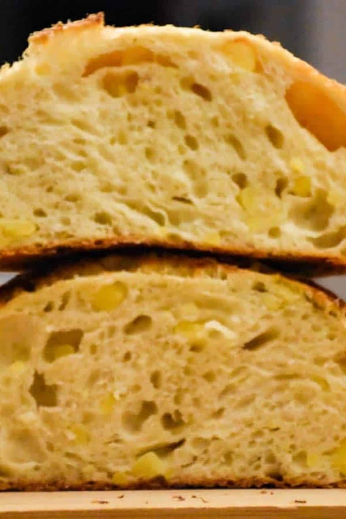 Close-up of two stacks of bread slices, showing the soft, airy interior and even crumb texture.