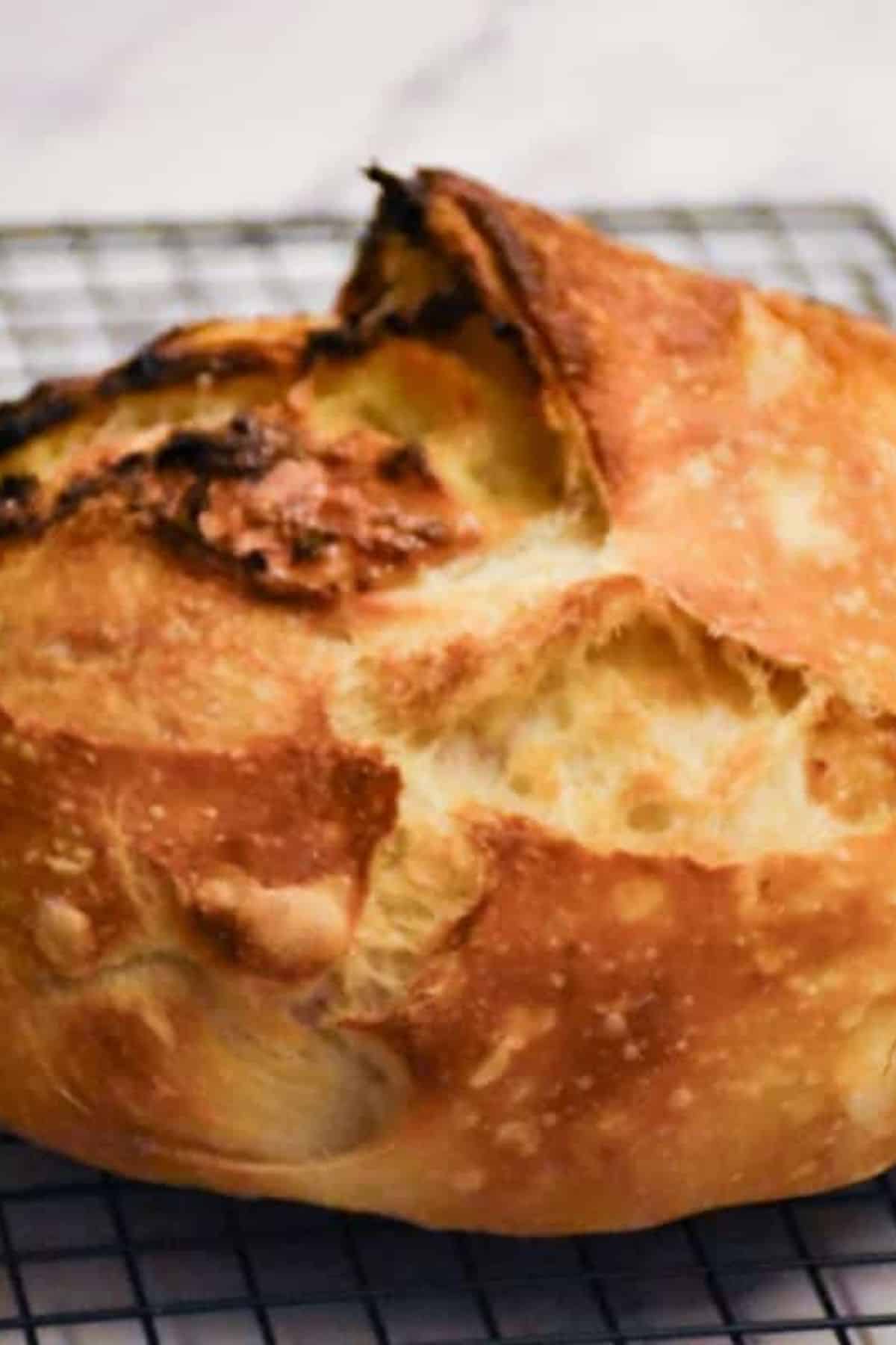 Close-up of sourdough bread resting on a cooling rack.