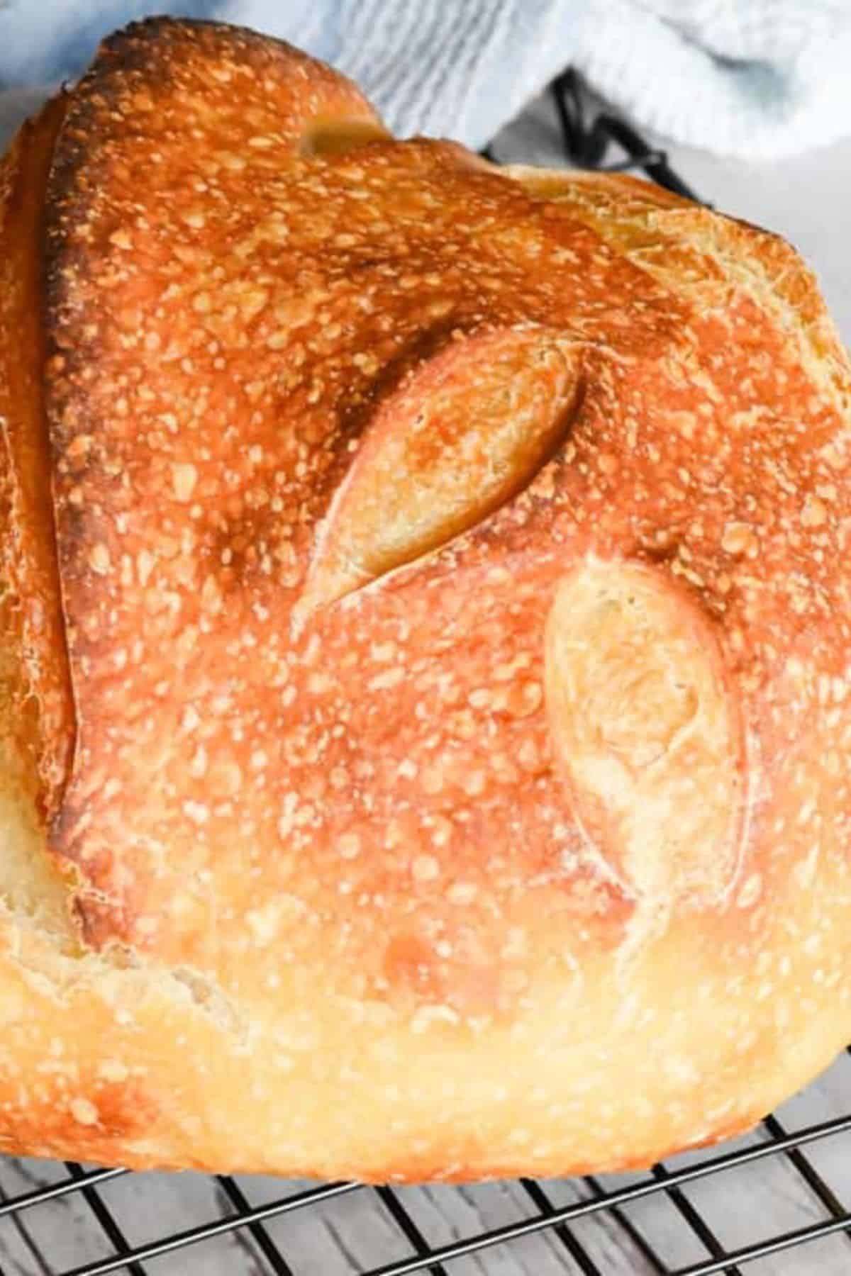 Close-up of sourdough bread on a cooling rack.