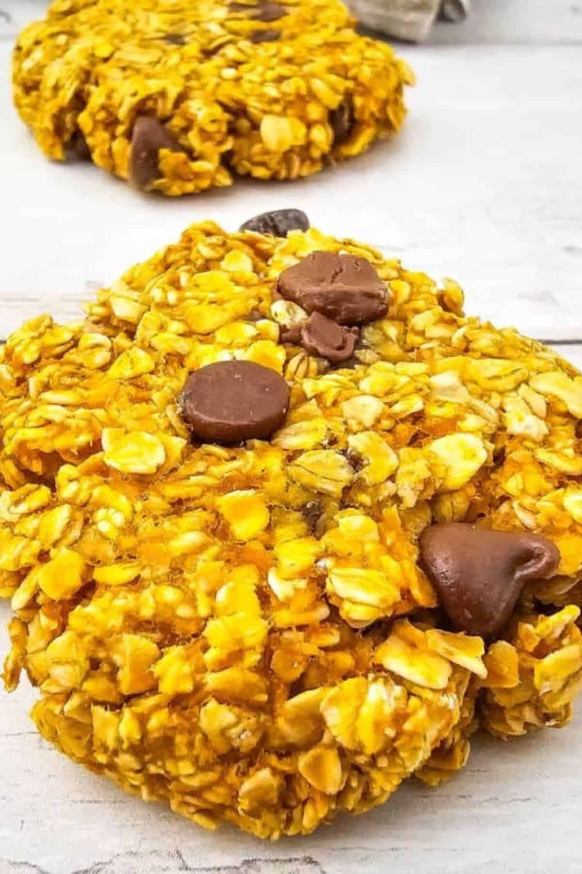Close-up of oatmeal cookies on a surface.