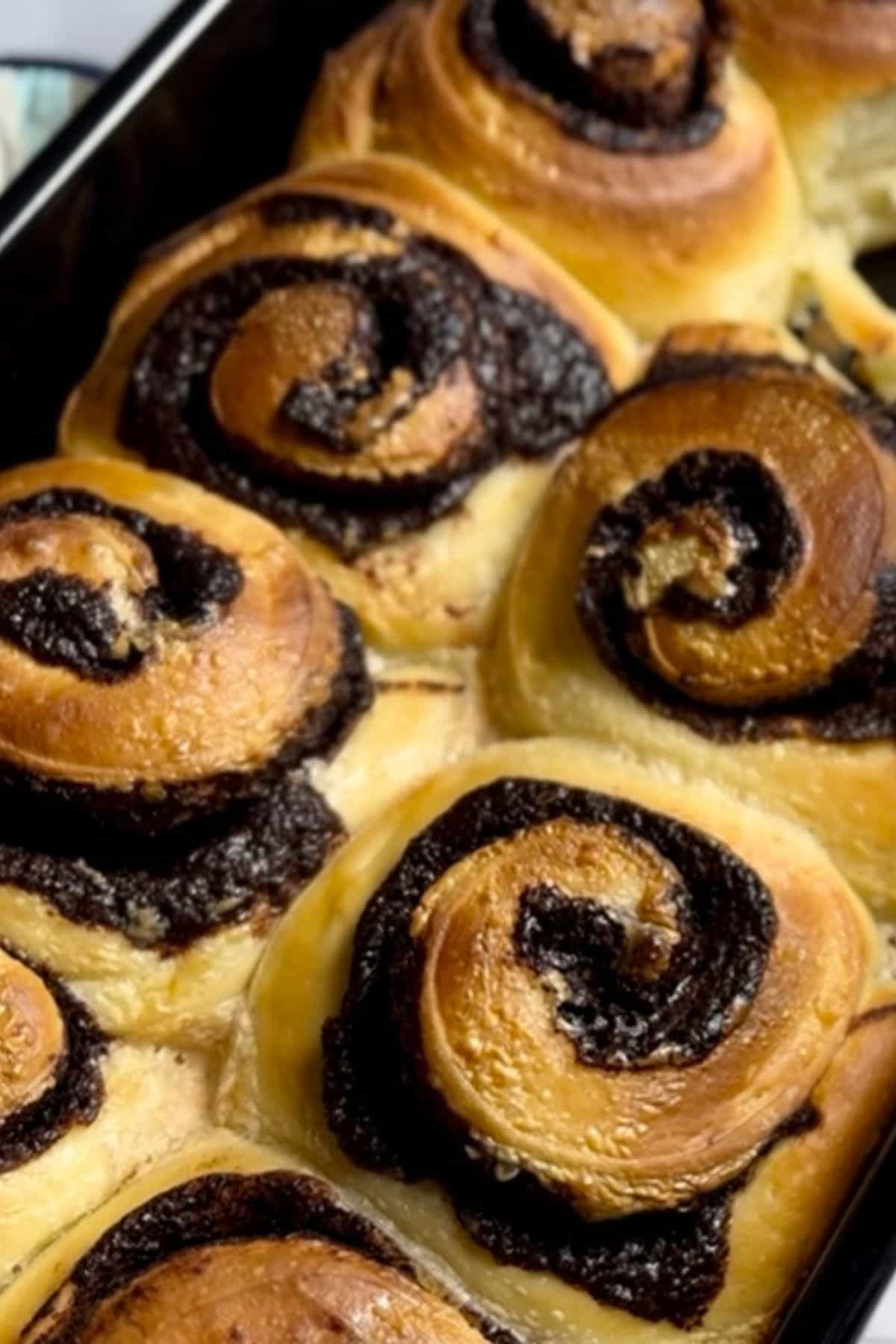 Close-up shot of jumbo sourdough chocolate rolls baked in a pan, showing their swirled layers filled with melted chocolate.
