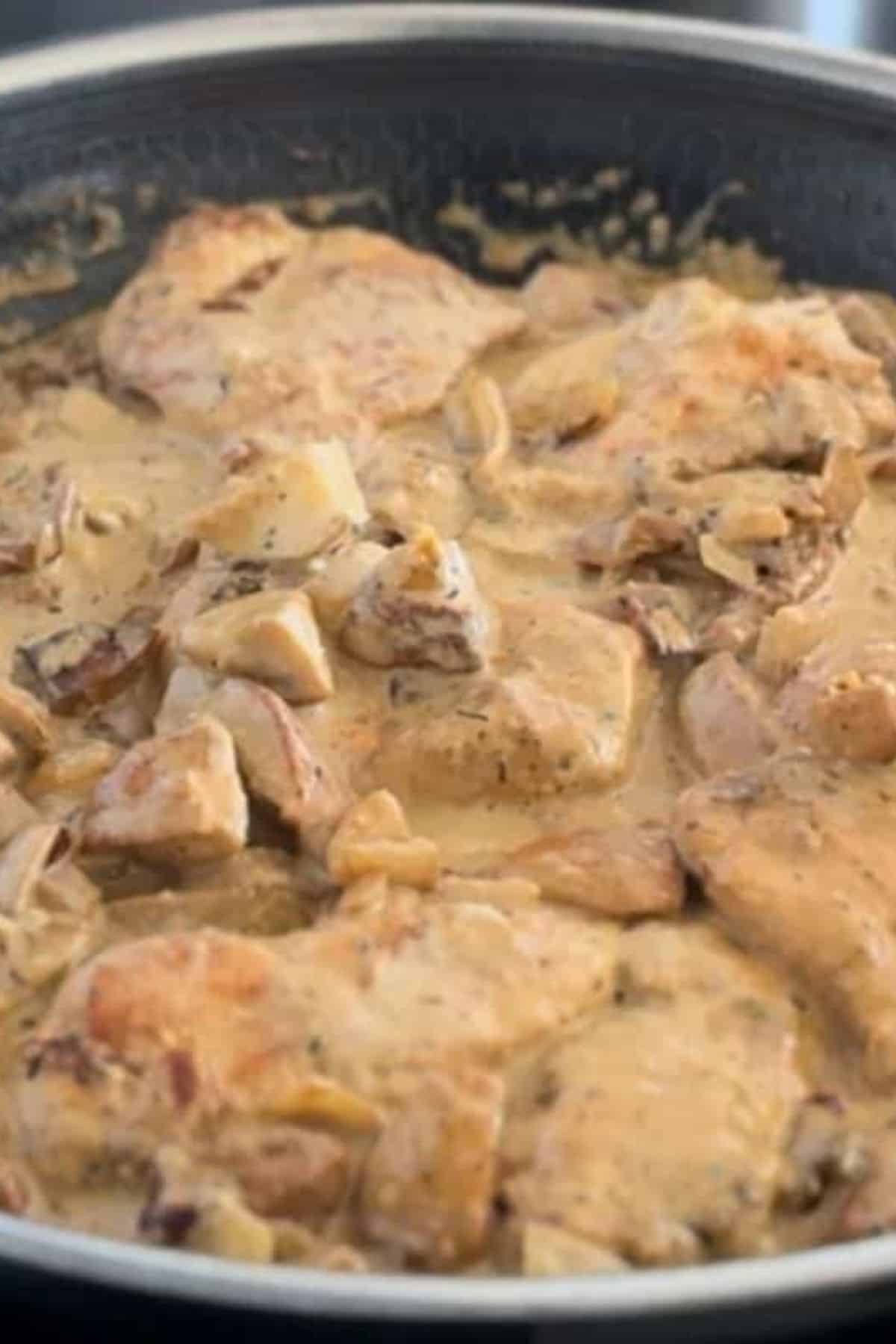 Creamy Porcini Chicken with Buckwheat simmering in a pan, with chicken, mushrooms, and buckwheat coated in a rich, creamy sauce.