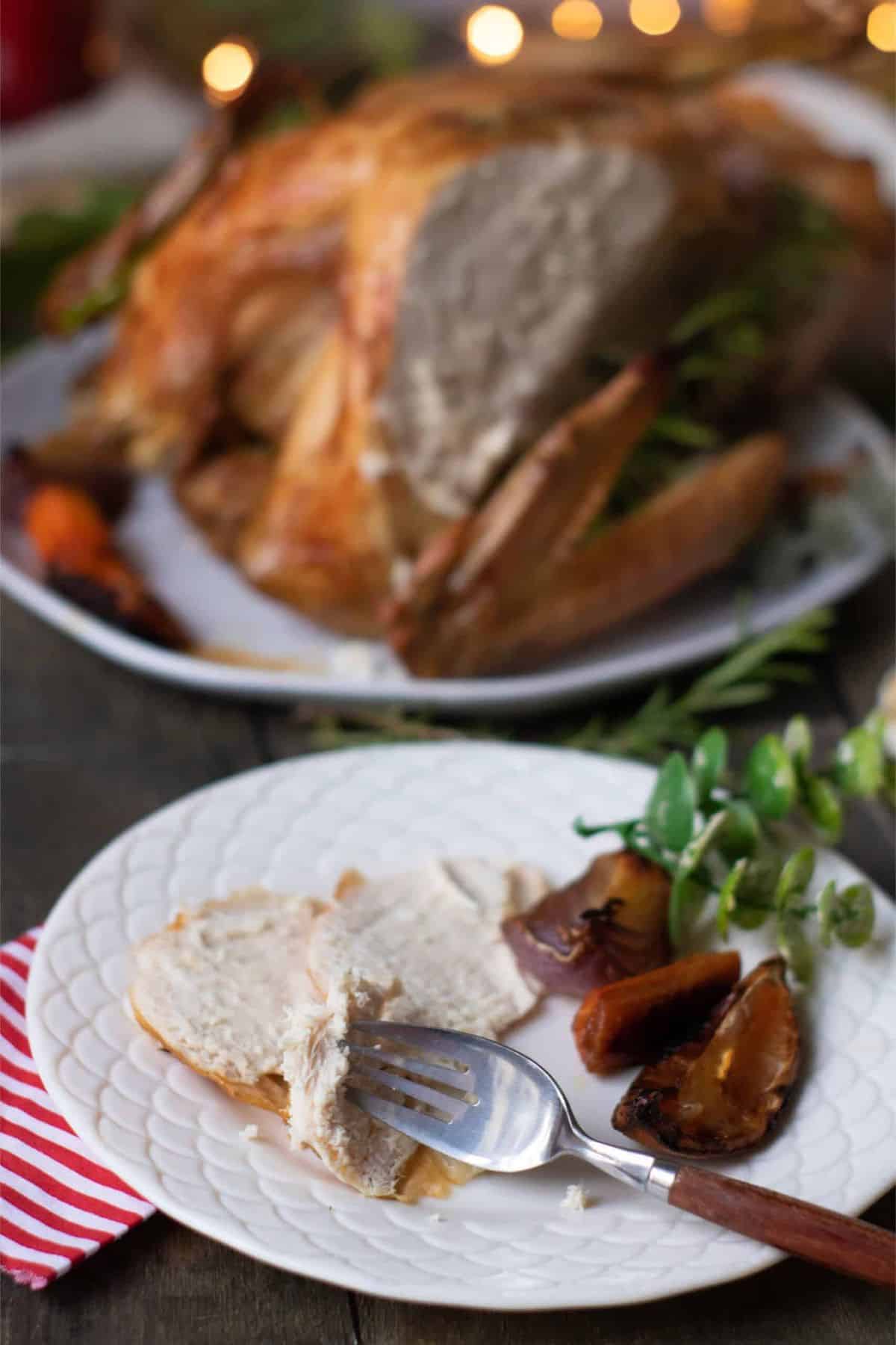 Slices of roasted turkey served on a plate with a fork, with the whole turkey in the background.