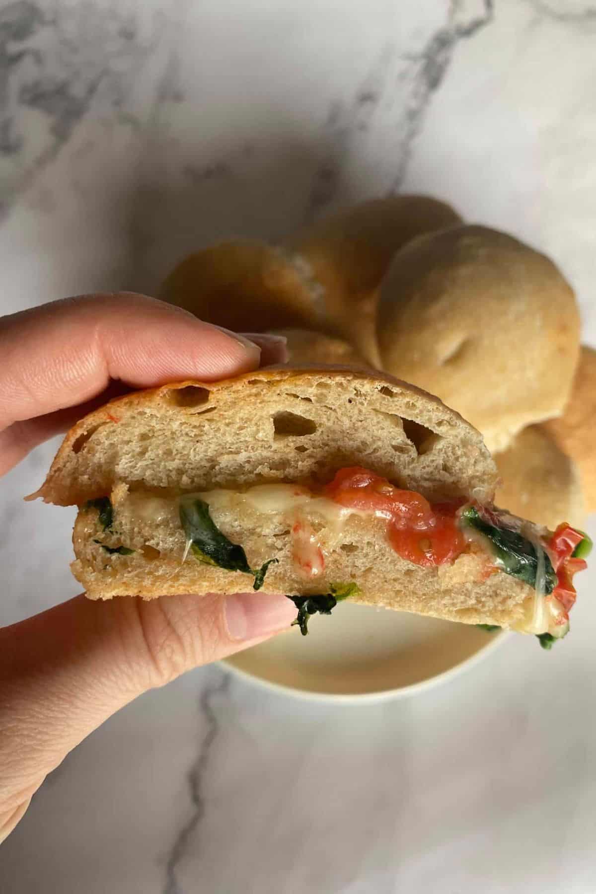 A hand holding a sourdough whole wheat dinner roll filled with a savory filling, showing the soft interior and golden-brown crust.