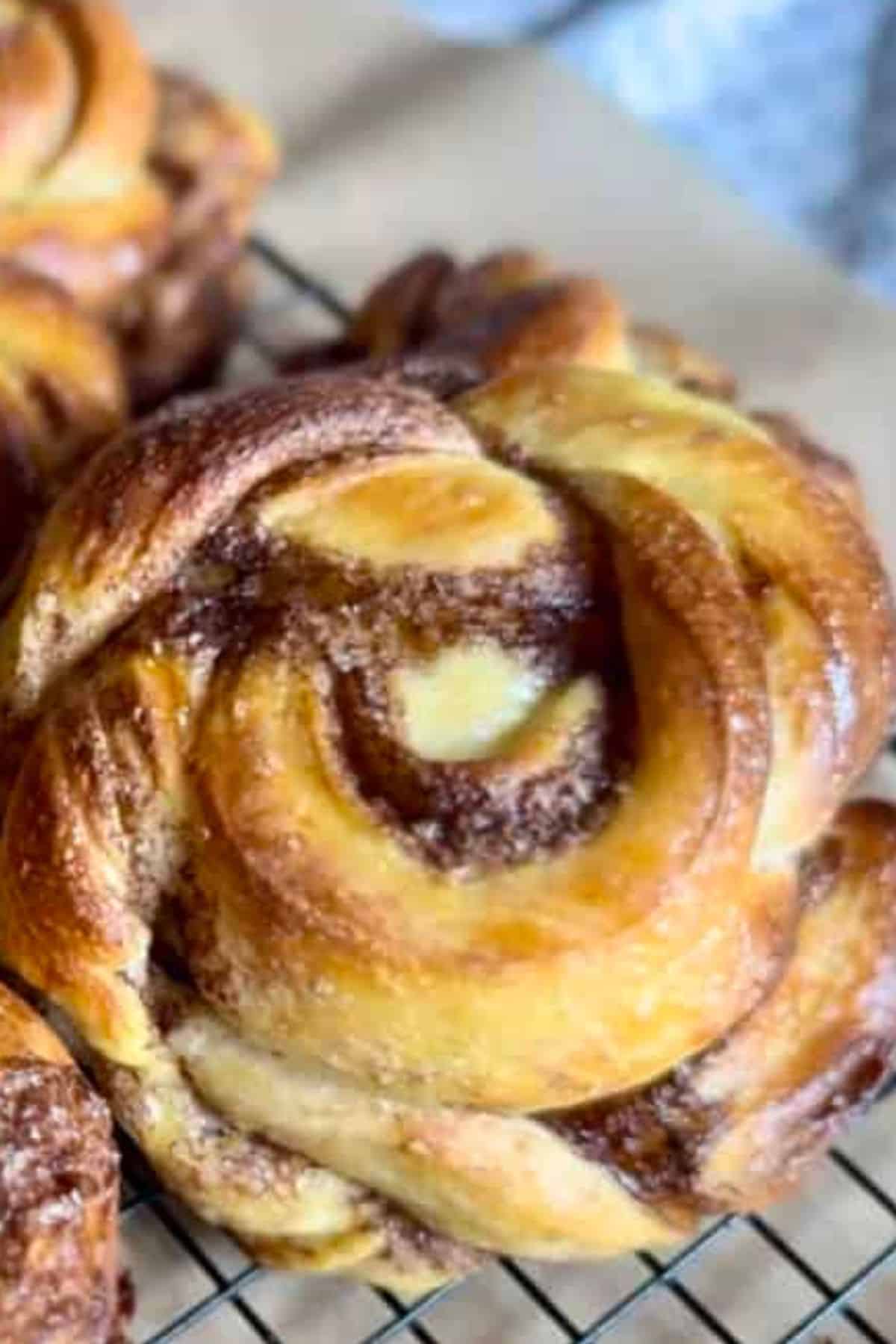 Close-up photo of a sourdough swedish cardamom buns neatly arranged in a wire cooling rack.