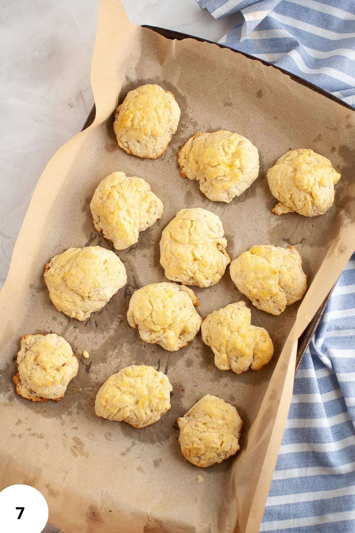 Freshly baked muffins resting on parchment paper with cloth underneath.