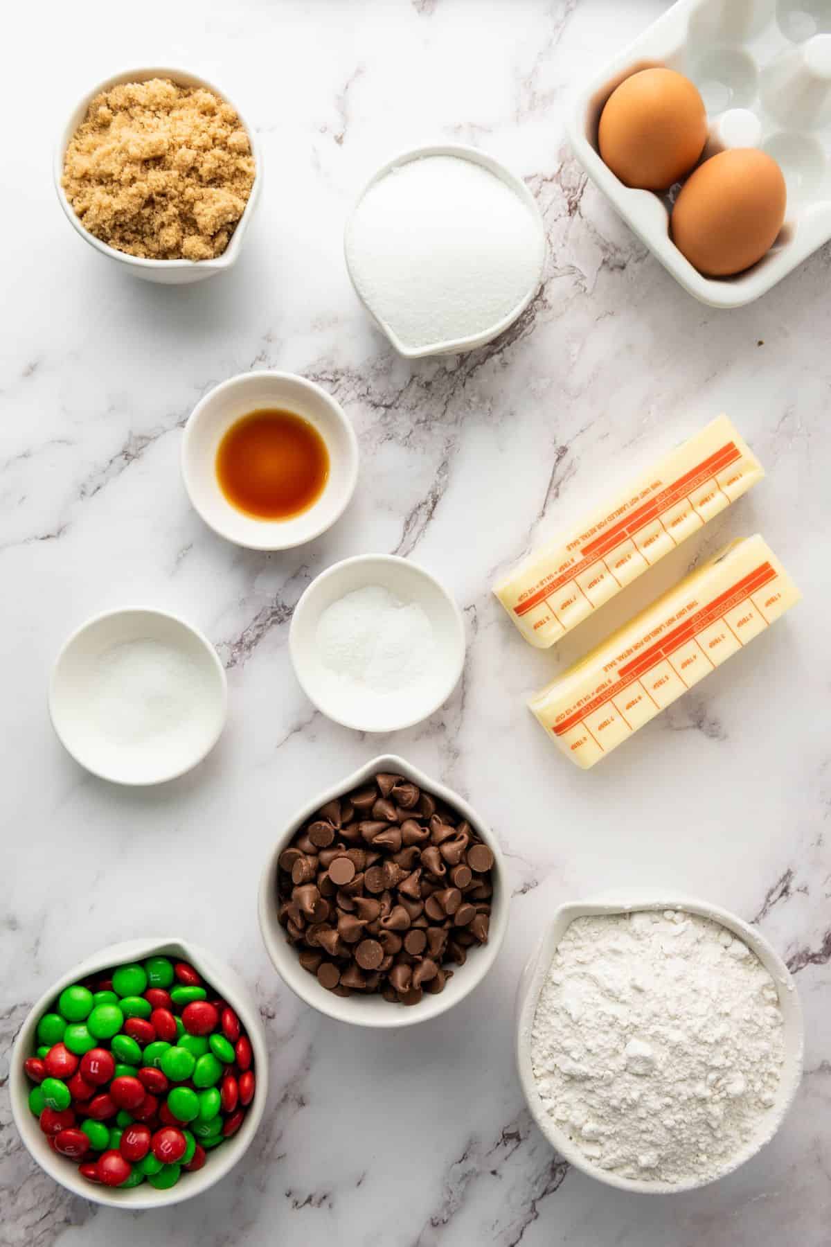 Baking ingredients neatly arranged on a surface, ready to be used for cookies.