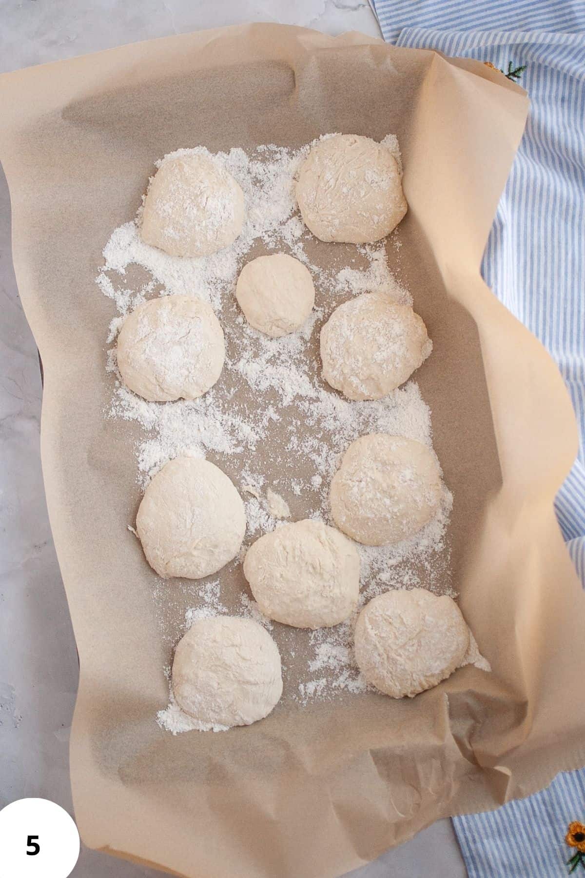 Round ball of dough lightly floured and placed on parchment paper inside a skillet.