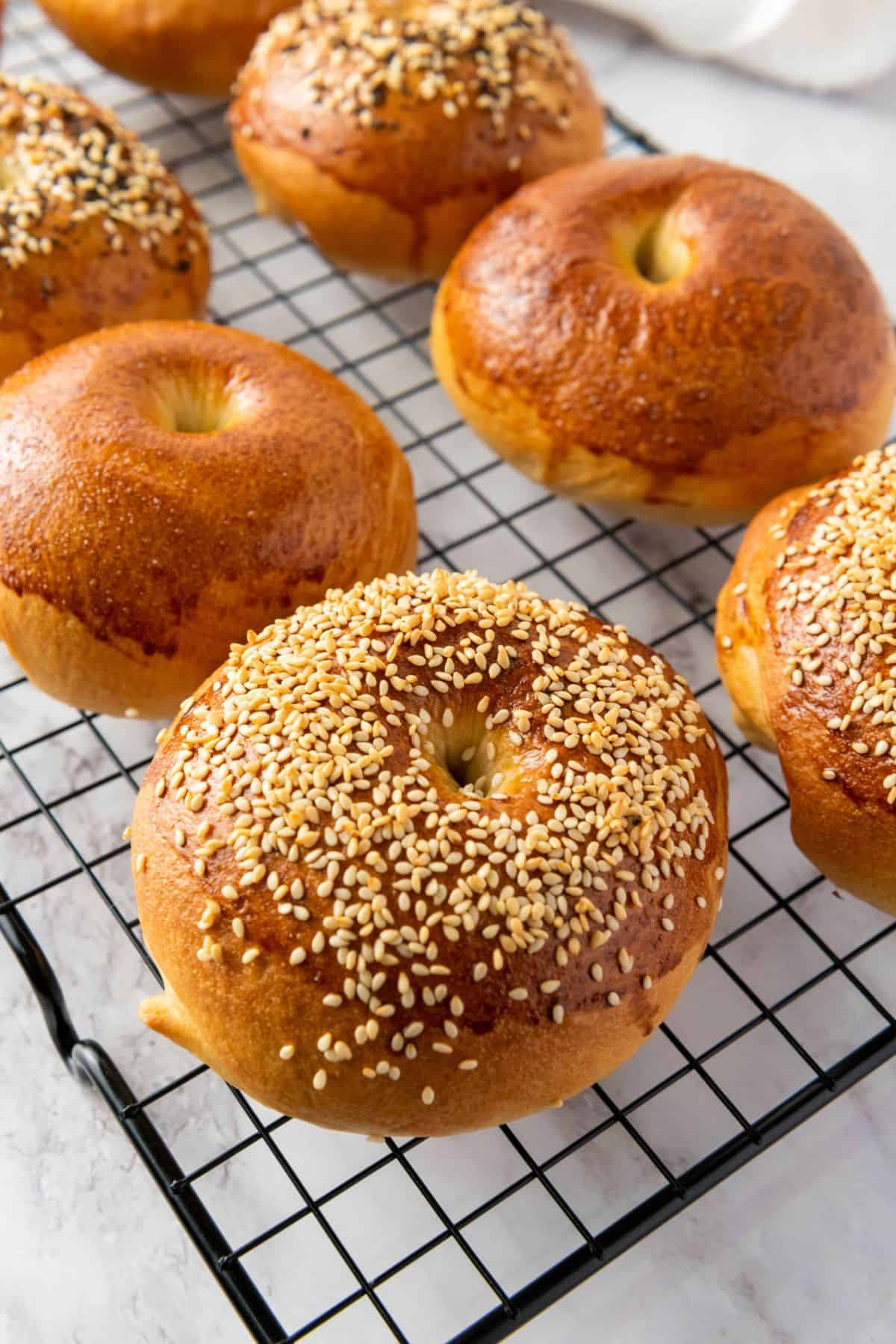 Close-up of bagels on a wire cooling rack, showing their golden-brown crust and sesame seed topping.