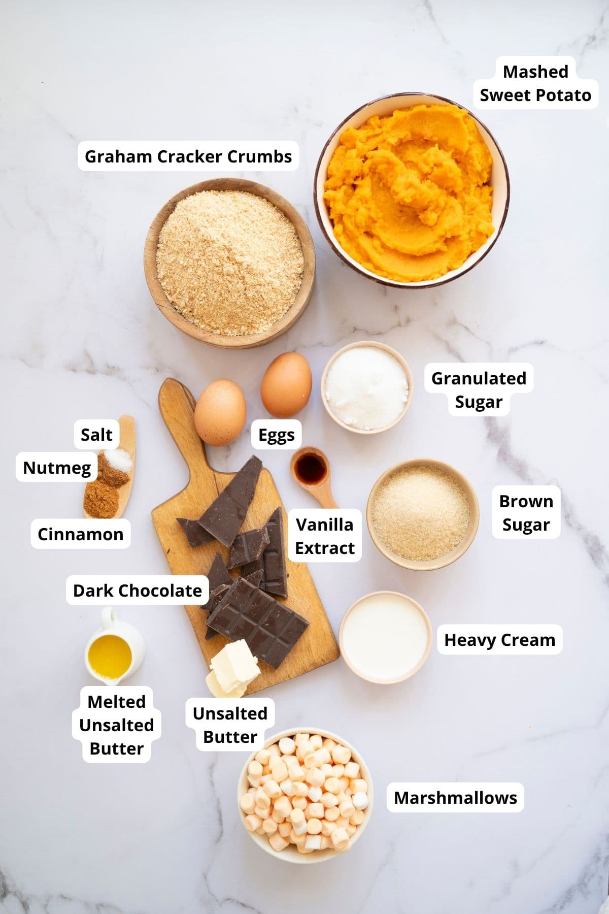 Ingredients for making sweet potato pie arranged on a countertop.