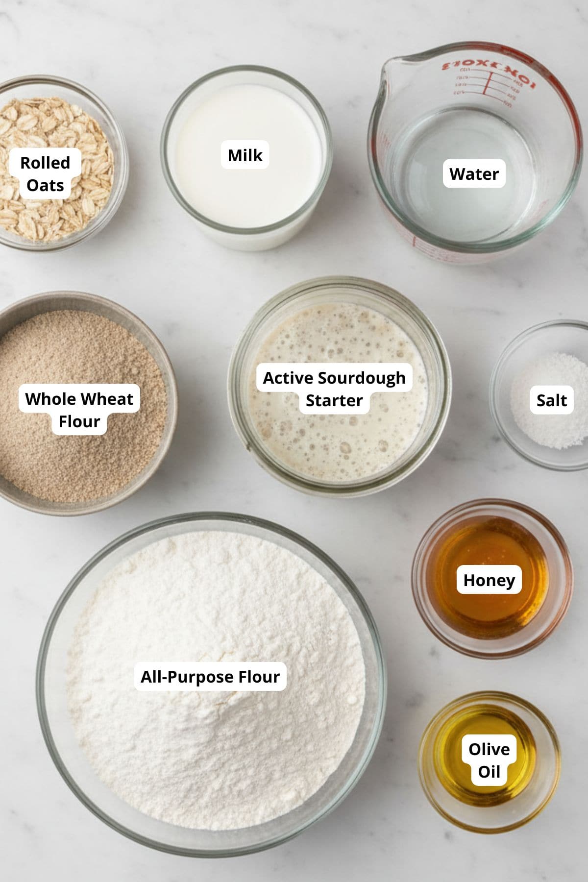 Baking ingredients neatly arranged on a surface.