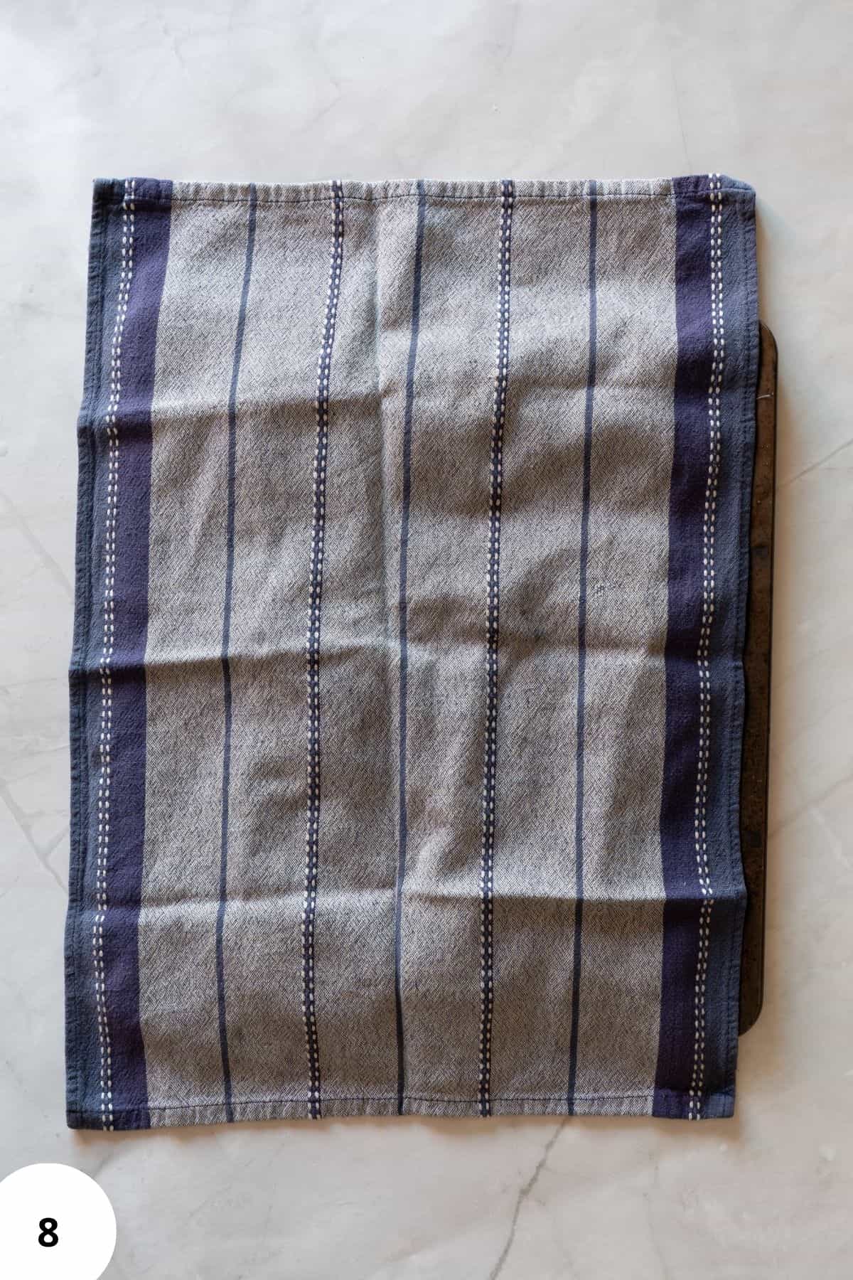Unbaked maple donut rings on a parchment-lined baking tray being covered before rising.