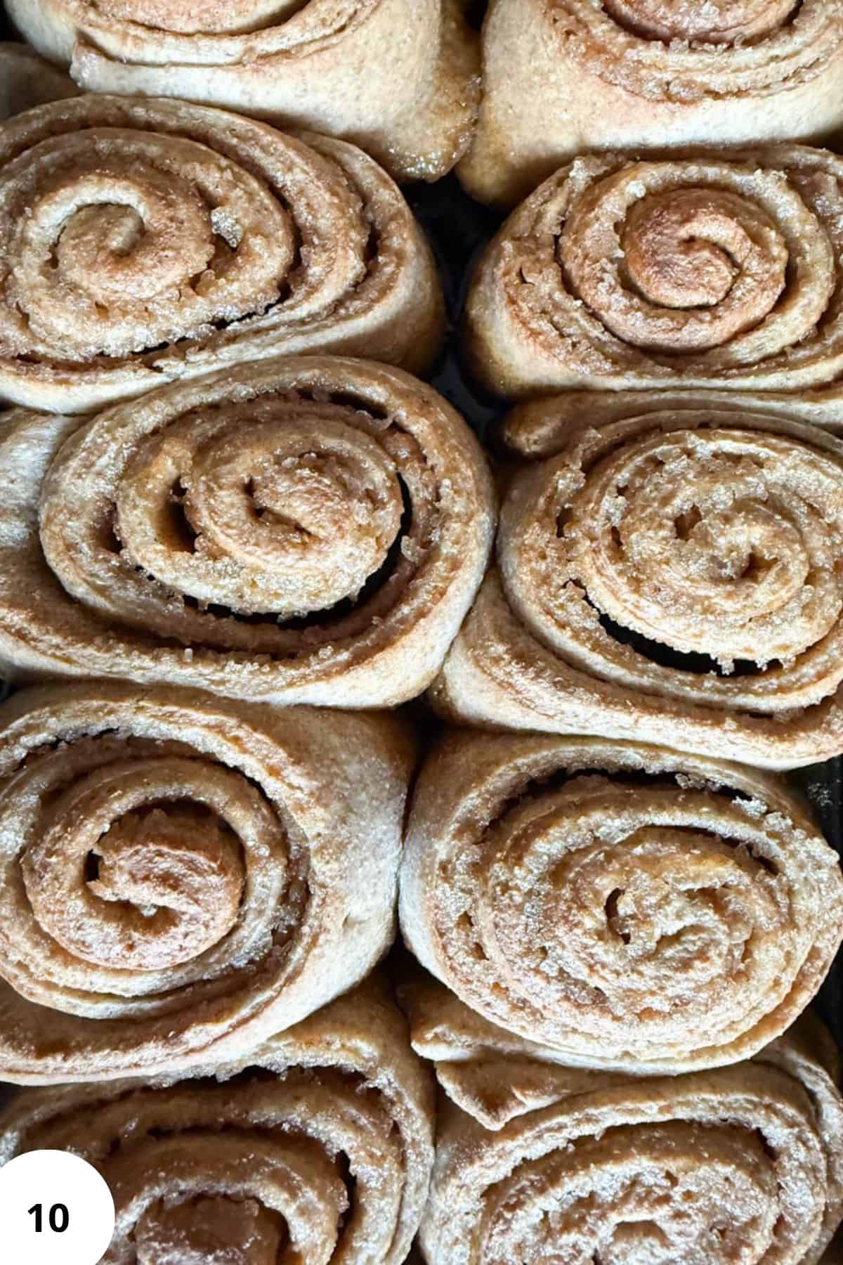 Close-up of freshly baked whole grain sourdough cinnamon rolls.