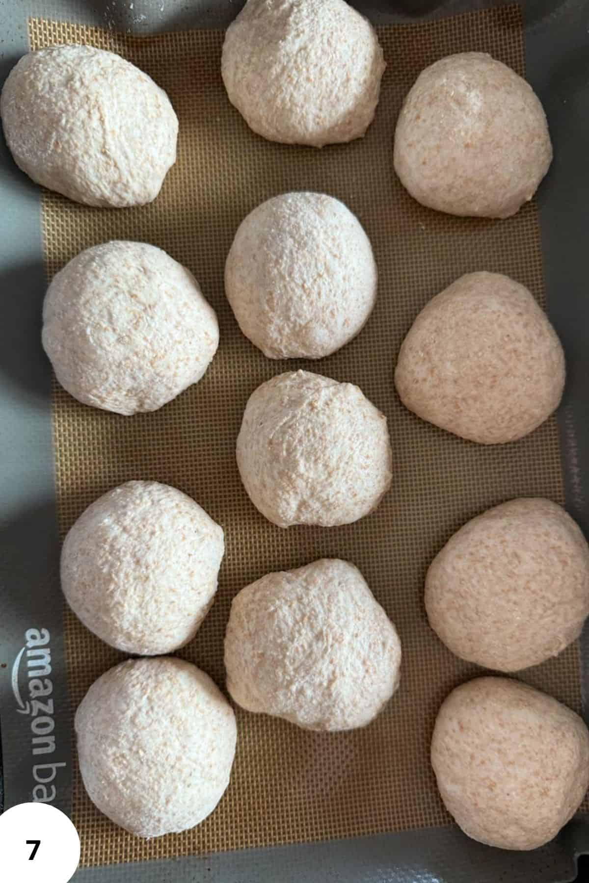 Unbaked sourdough rolls on a parchment-lined baking tray.