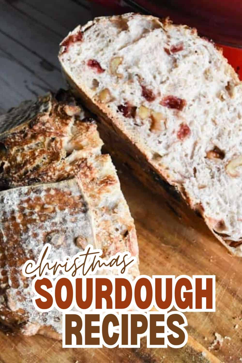 Close-up of sliced Christmas sourdough bread with nuts and dried fruit.